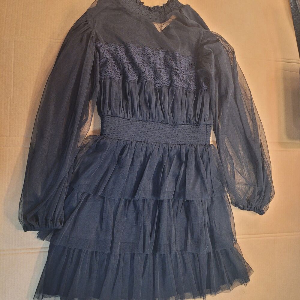 Forever 21 Short Ruffled Sheer Sleeved Black Dress Womens Small Preowned EUC